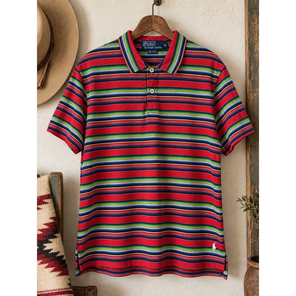 POLO RALPH LAUREN Vintage Multicolor Aztec Stripe Polo Shirt 100% Cotton